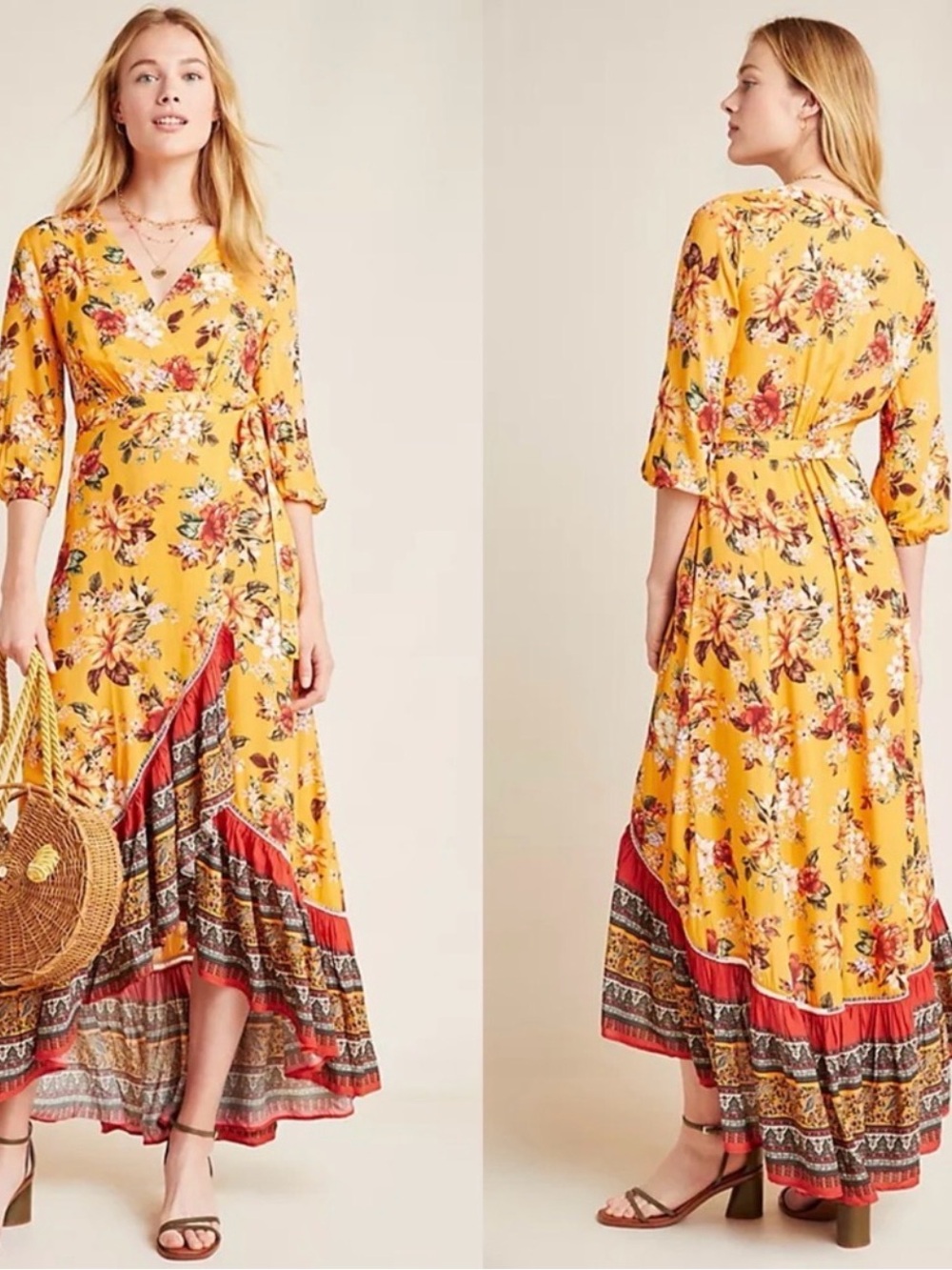 Anthropologie Farm Rio Soigne Maxi Wrap Dress Yellow floral Size M Boho *B*